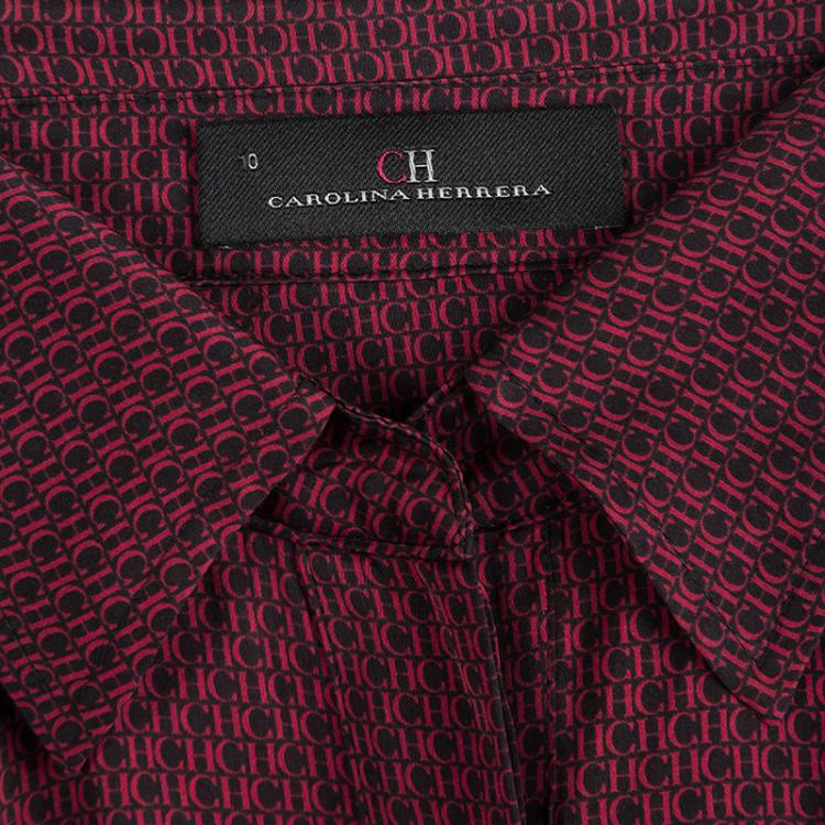 Pre Owned CH Carolina Herrera Red Logo Printed Silk Button Front Shirt L