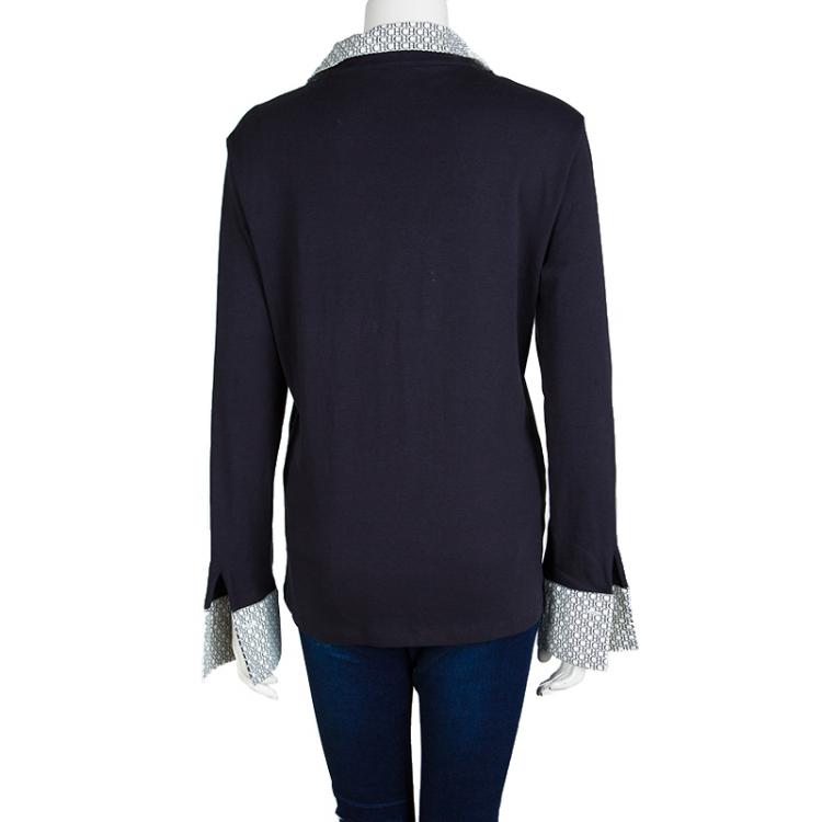 Pre Owned CH Carolina Herrera Navy Blue Logo Trim Detail Long Sleeve Blouse L