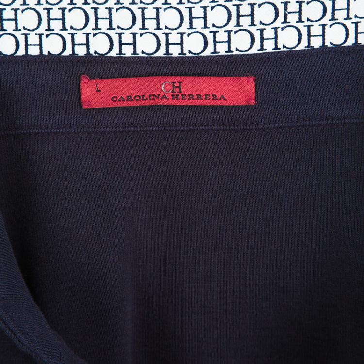 Pre Owned CH Carolina Herrera Navy Blue Logo Trim Detail Long Sleeve Blouse L