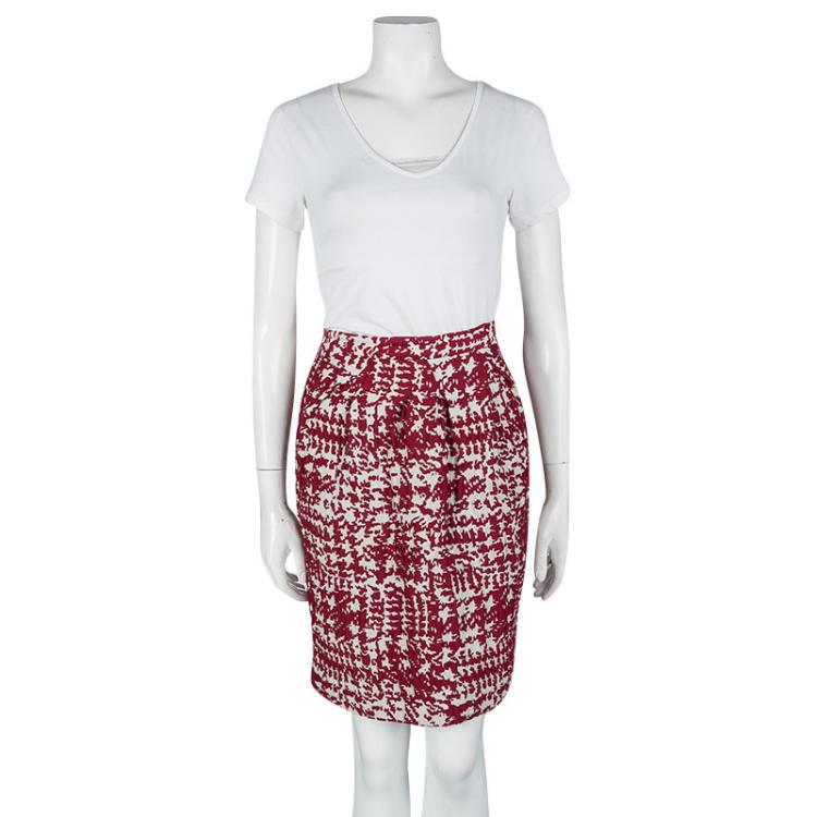 Pre Owned CH Carolina Herrera Red and White Textured Jacquard Pencil Skirt M