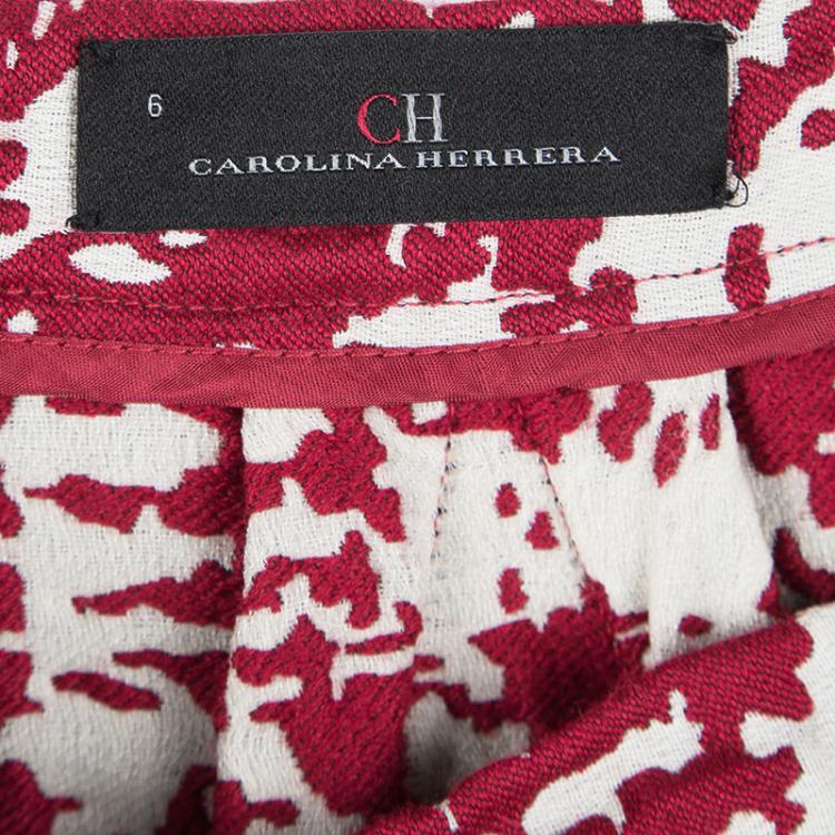 Pre Owned CH Carolina Herrera Red and White Textured Jacquard Pencil Skirt M