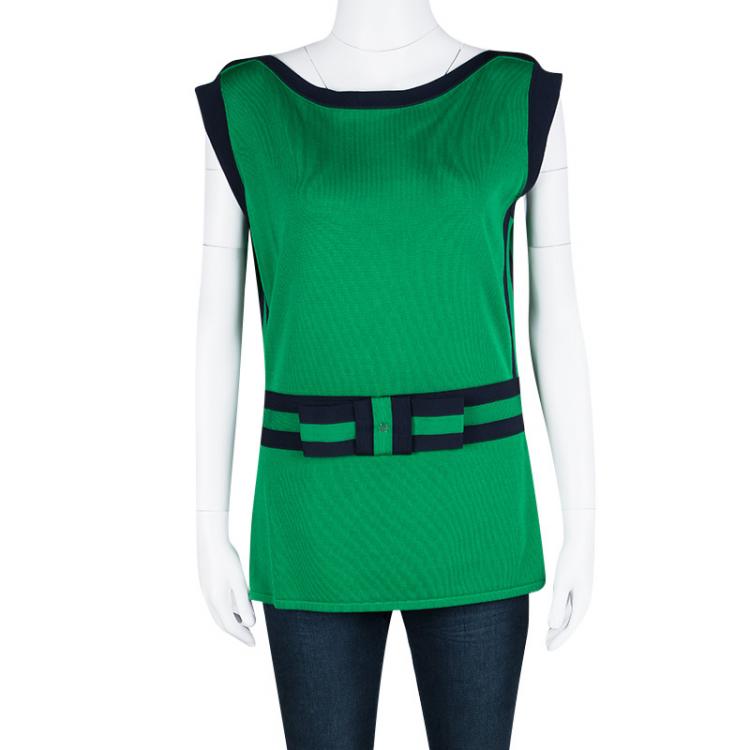 Pre Owned CH Carolina Herrera Green Knit Contrast Trim Bow Detail Sleeveless Top L