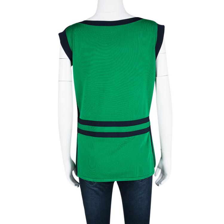 Pre Owned CH Carolina Herrera Green Knit Contrast Trim Bow Detail Sleeveless Top L
