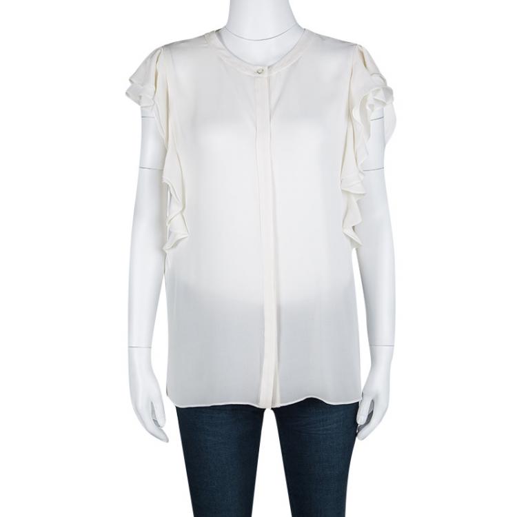 Pre Owned CH Carolina Herrera Cream Silk Ruffle Detail Blouse L