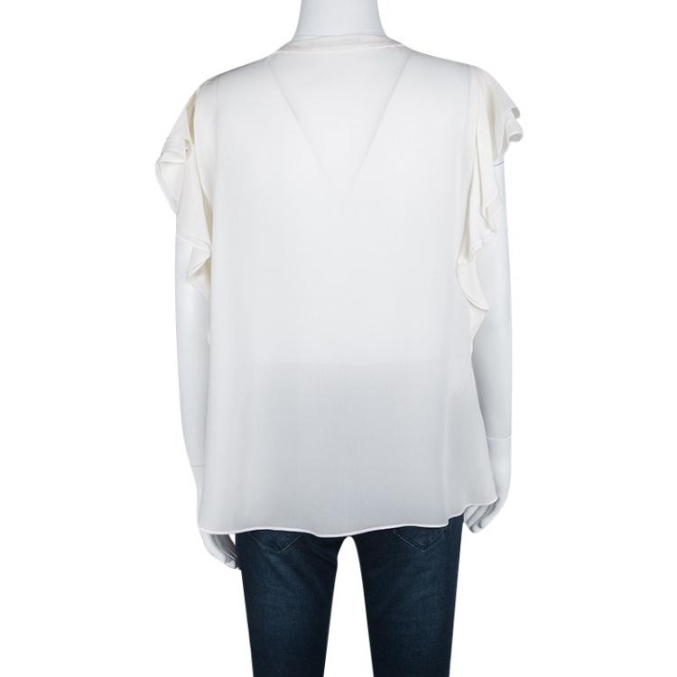 Pre Owned CH Carolina Herrera Cream Silk Ruffle Detail Blouse L