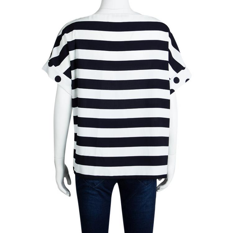 Pre Owned CH Carolina Herrera Navy Blue and White Striped and Polka Dotted Top M
