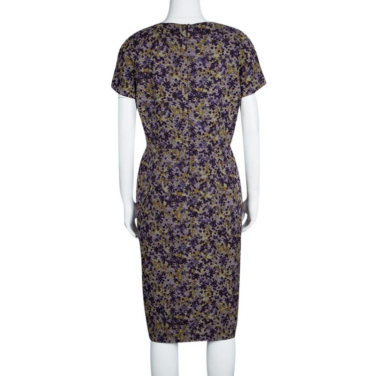Pre Owned CH Carolina Herrera Mulitcolor Textured Floral Print Short Sleeve Sheath Dress L