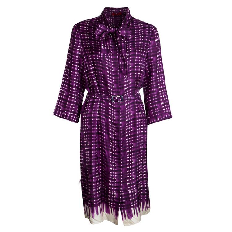 مملوكة مسبقًا CH Carolina Herrera Purple Printed Silk Neck Tie Detail Belted Dress M