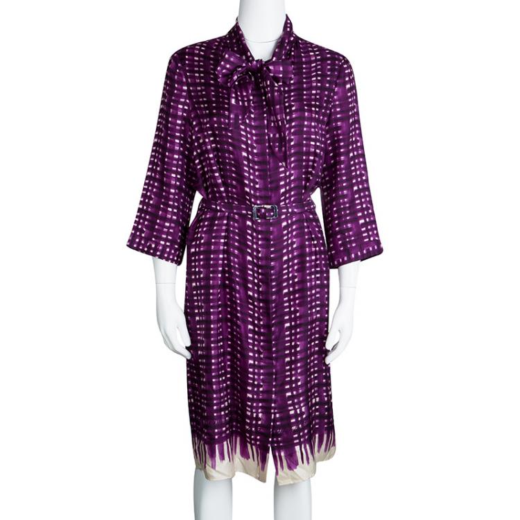 مملوكة مسبقًا CH Carolina Herrera Purple Printed Silk Neck Tie Detail Belted Dress M