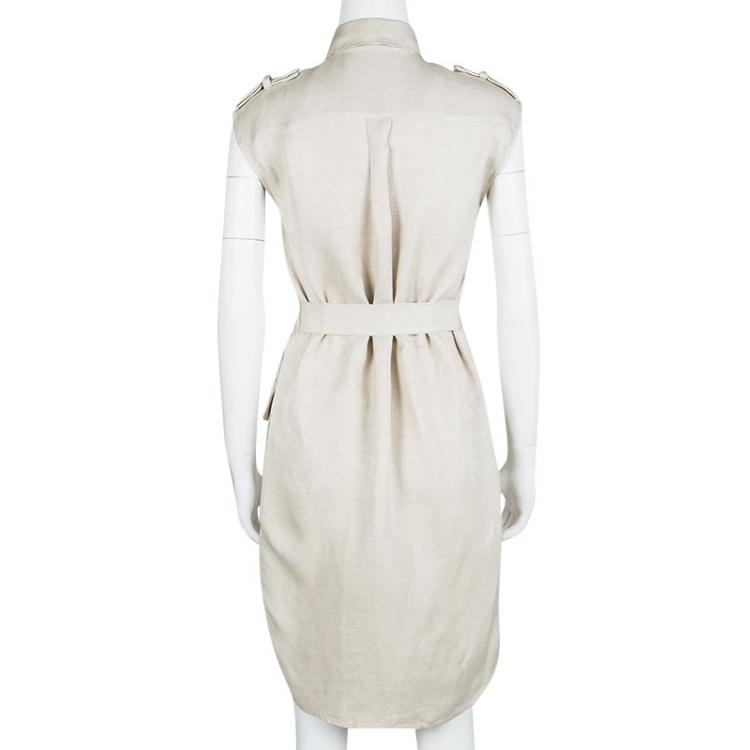 Pre Owned CH Carolina Herrera Beige Textured Sleeveless Belted Shirt Dress S