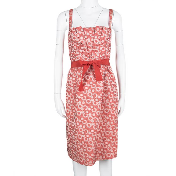 Pre Owned Carolina Herrera Red Cotton Jacquard Belted Sleeveless Dress M