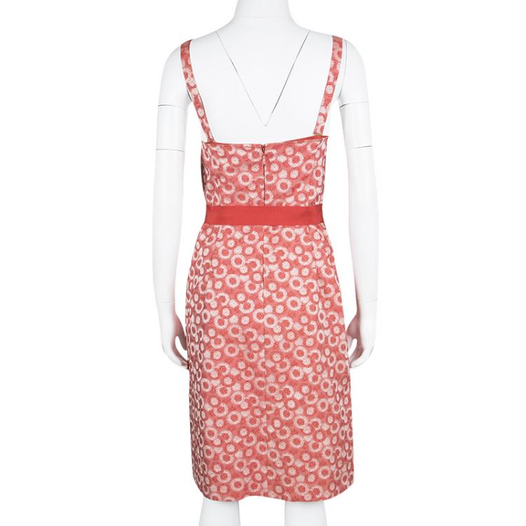 Pre Owned Carolina Herrera Red Cotton Jacquard Belted Sleeveless Dress M