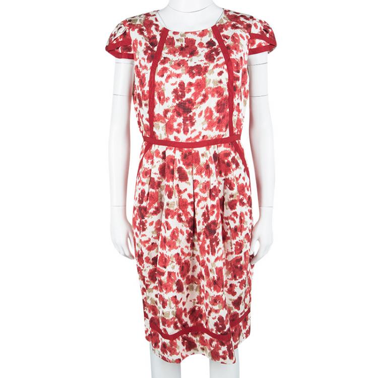 Pre Owned CH Carolina Herrera Red and White Floral Printed Cap Sleeve Dress L