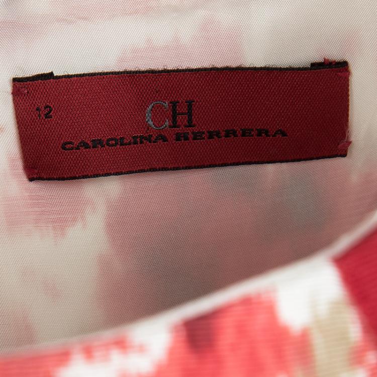Pre Owned CH Carolina Herrera Red and White Floral Printed Cap Sleeve Dress L