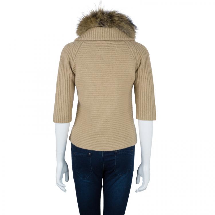 Pre Owned CH Carolina Herrera Beige Wool Fox Fur Cardigan XS