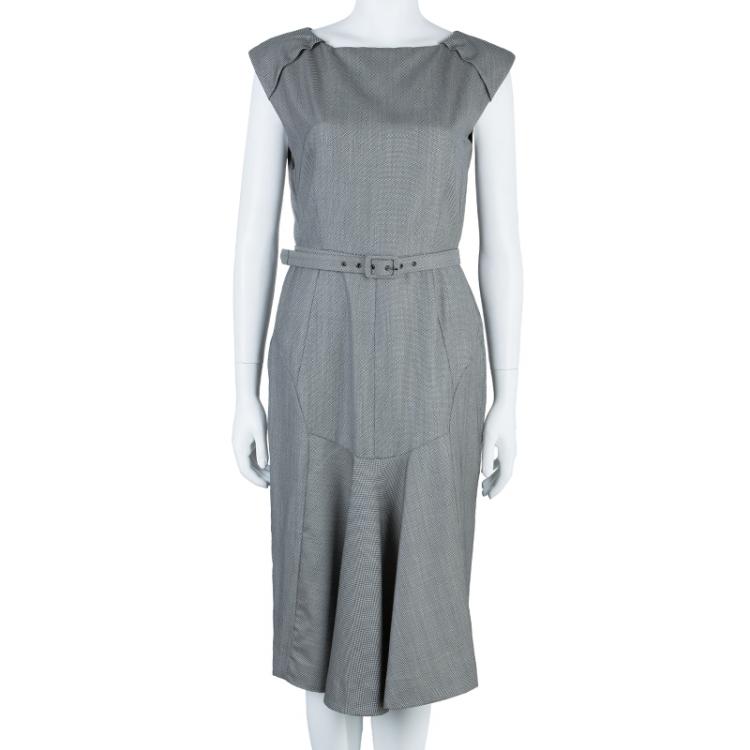 Pre Owned CH Carolina Herrera Grey Wool Belted Dress L