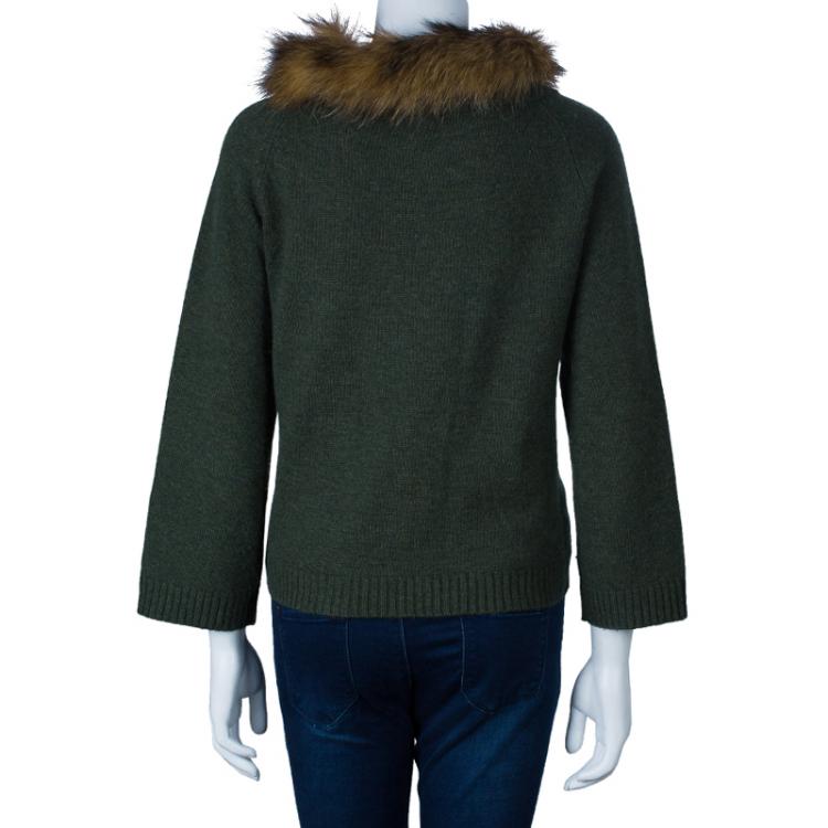 مملوكة مسبقًا CH Carolina Herrera Green Raccoon Fur Trim Sweater S