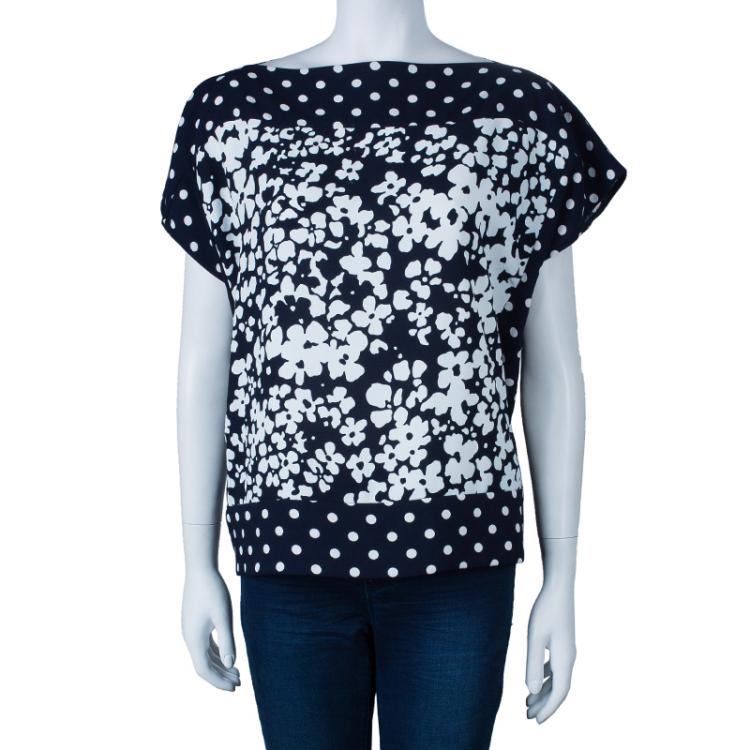 Pre Owned CH Carolina Herrera Navy and White Floral Print Square Top M