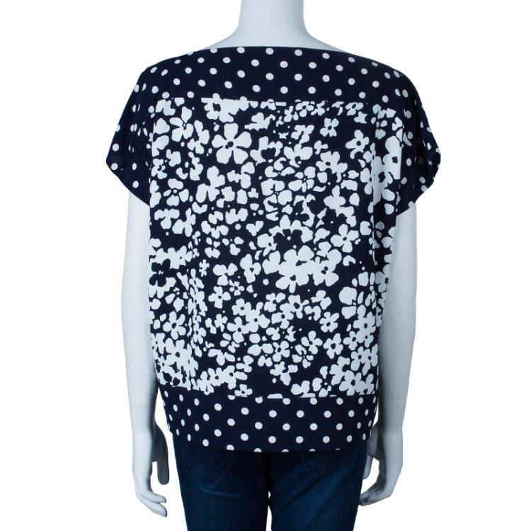 Pre Owned CH Carolina Herrera Navy and White Floral Print Square Top M