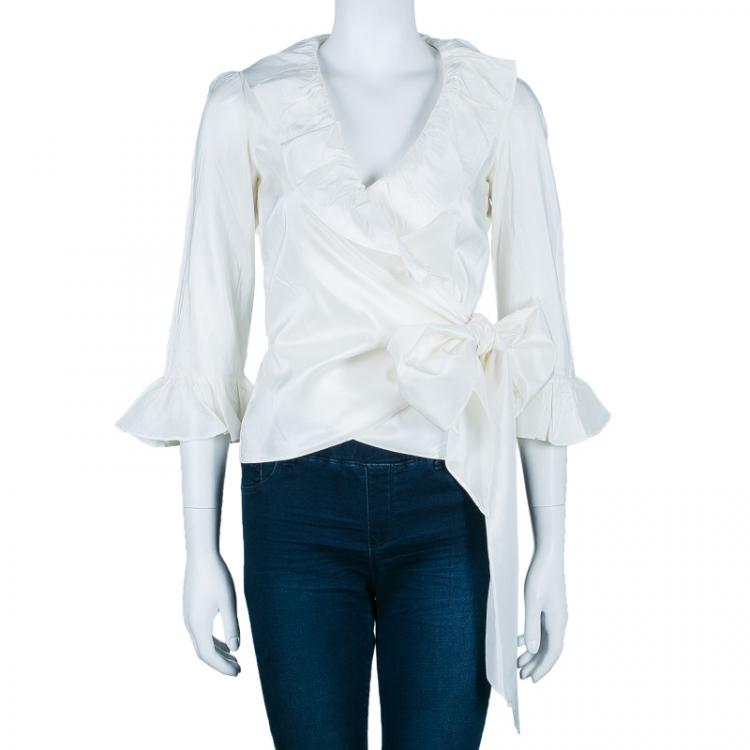 Pre Owned CH Carolina Herrera White Ruffle Detail Silk Top S