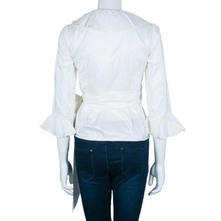 Pre Owned CH Carolina Herrera White Ruffle Detail Silk Top S