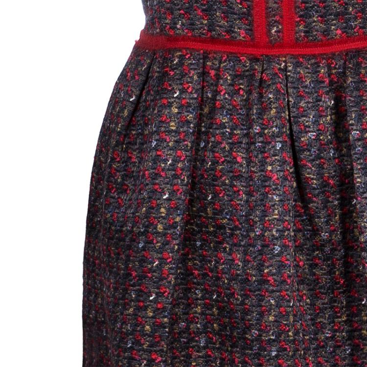 Pre Owned CH Carolina Herrera Brown Tweed Short Sleeve Dress M