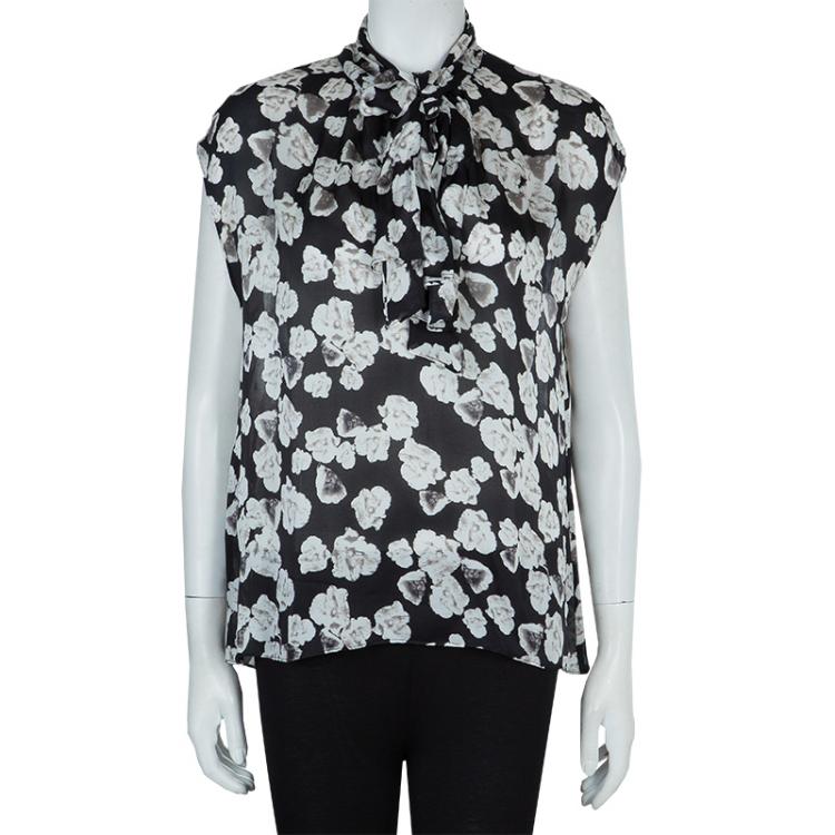 Pre Owned CH Carolina Herrera Black Silk Floral Print Tie Detail Sleeveless Top M
