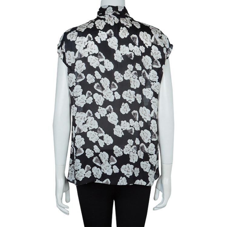 Pre Owned CH Carolina Herrera Black Silk Floral Print Tie Detail Sleeveless Top M