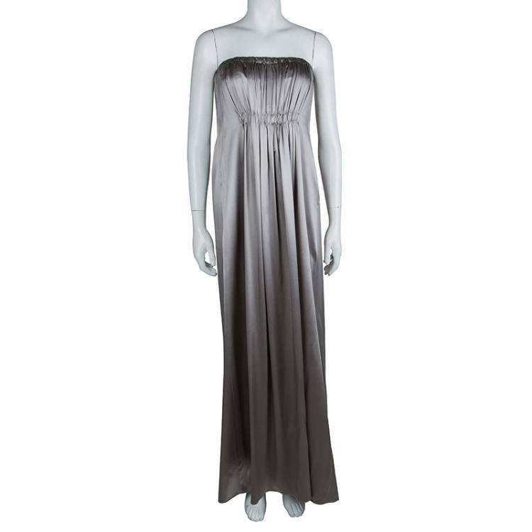 Pre Owned CH Carolina Herrera Silver Silk Strapless Gown M