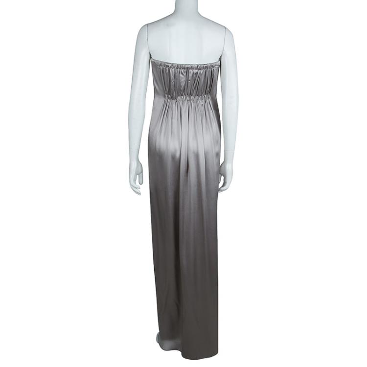 Pre Owned CH Carolina Herrera Silver Silk Strapless Gown M