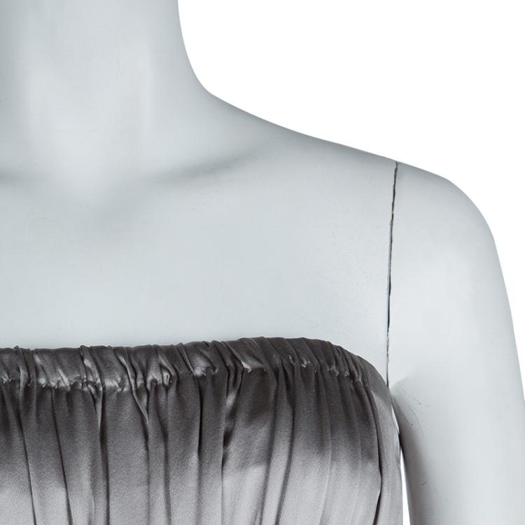 Pre Owned CH Carolina Herrera Silver Silk Strapless Gown M