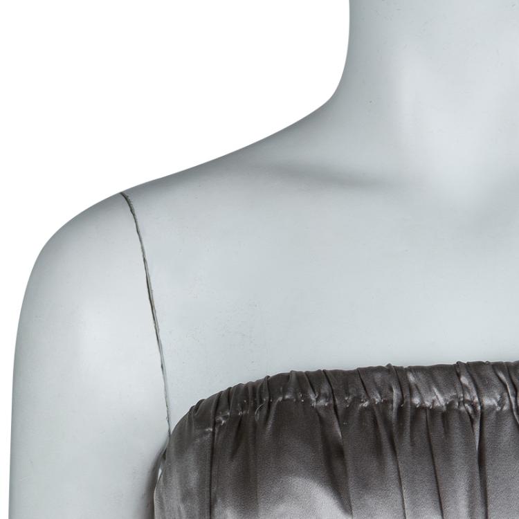 Pre Owned CH Carolina Herrera Silver Silk Strapless Gown M