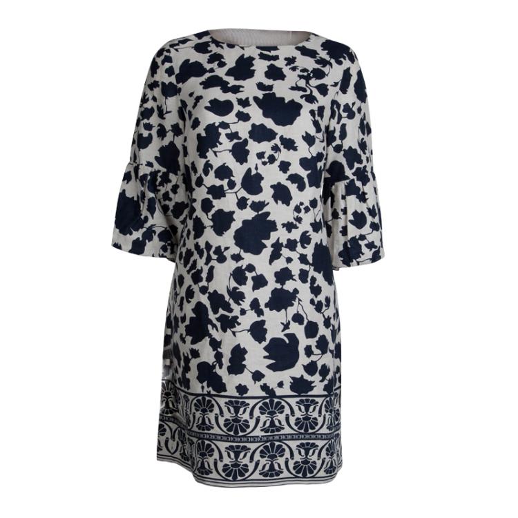 مملوكة مسبقًا CH Carolina Herrera Cream Floral Print Linen Dress M