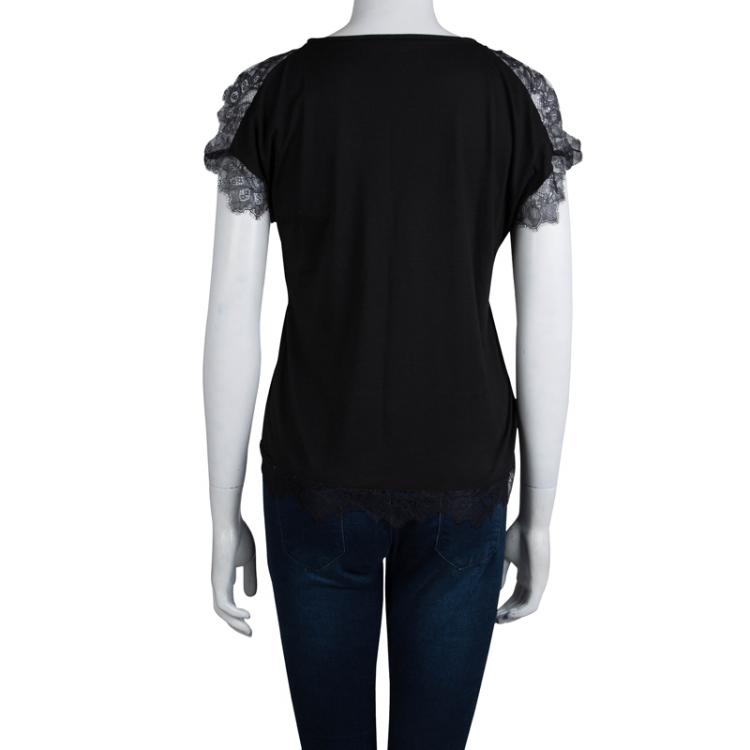 Pre Owned CH Carolina Herrera Black Knit Lace Detail Top XS