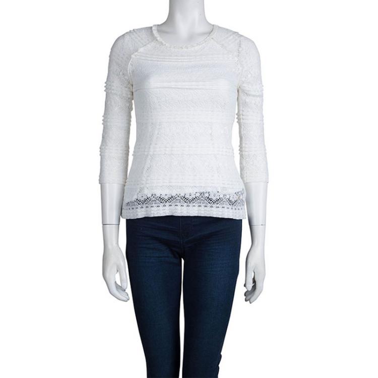 Pre Owned CH Carolina Herrera White Floral Lace Long Sleeve Top XS