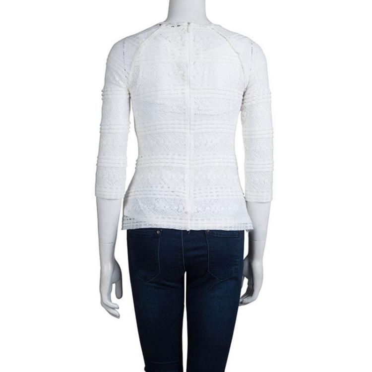 Pre Owned CH Carolina Herrera White Floral Lace Long Sleeve Top XS