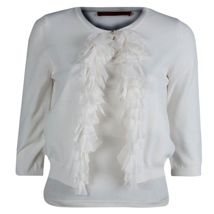 Pre Owned CH Carolina Herrera Off-White Knit Ruffle Detail Cropped Cardigan XS