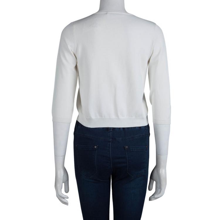 Pre Owned CH Carolina Herrera Off-White Knit Ruffle Detail Cropped Cardigan XS