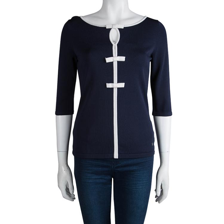 Pre Owned CH Carolina Herrera Navy Blue Knit Bow Detail  Top S