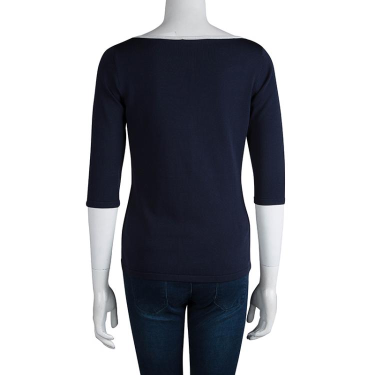 Pre Owned CH Carolina Herrera Navy Blue Knit Bow Detail  Top S