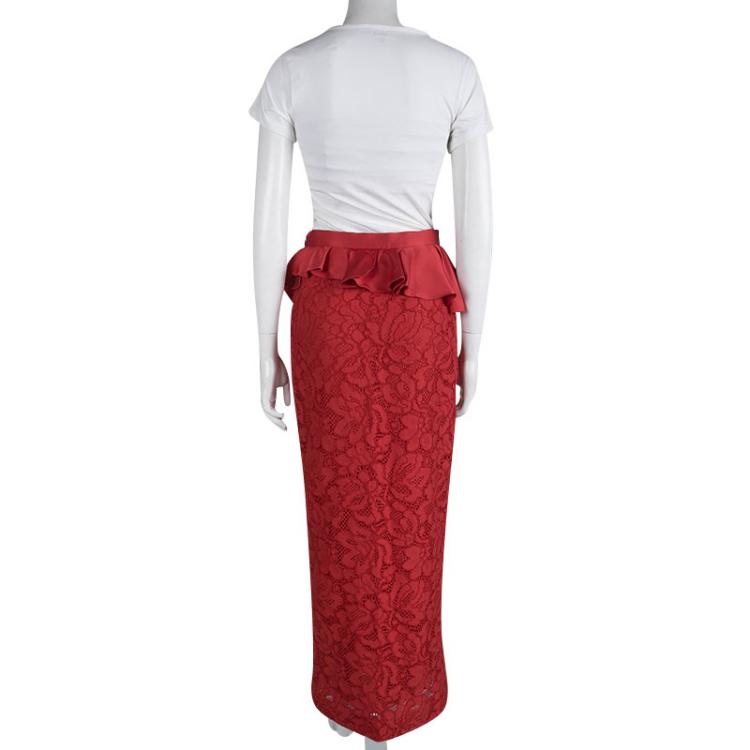 Pre Owned CH Carolina Herrera Red Lace Ruffle Trim Slit Detail Maxi Skirt S