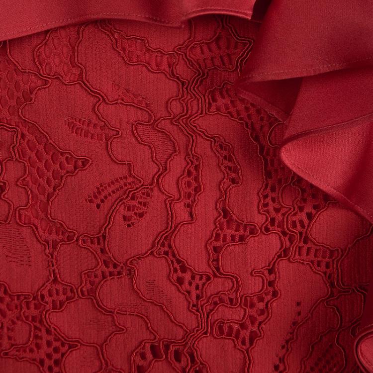 Pre Owned CH Carolina Herrera Red Lace Ruffle Trim Slit Detail Maxi Skirt S