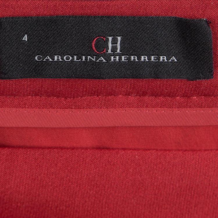 Pre Owned CH Carolina Herrera Red Lace Ruffle Trim Slit Detail Maxi Skirt S