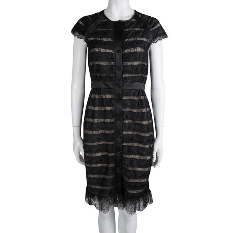 Pre Owned CH Carolina Herrera Black Scallop Lace Button Front Dress S