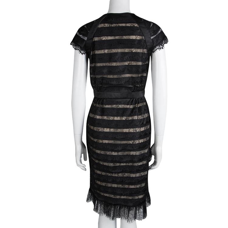 Pre Owned CH Carolina Herrera Black Scallop Lace Button Front Dress S