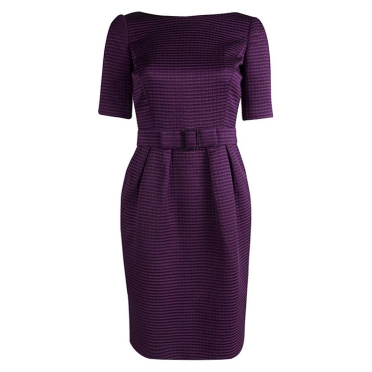 Pre Owned CH Carolina Herrera Purple Textured Buckle Detail Short Sleeve Dress S