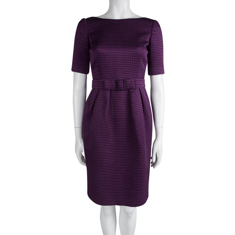 Pre Owned CH Carolina Herrera Purple Textured Buckle Detail Short Sleeve Dress S