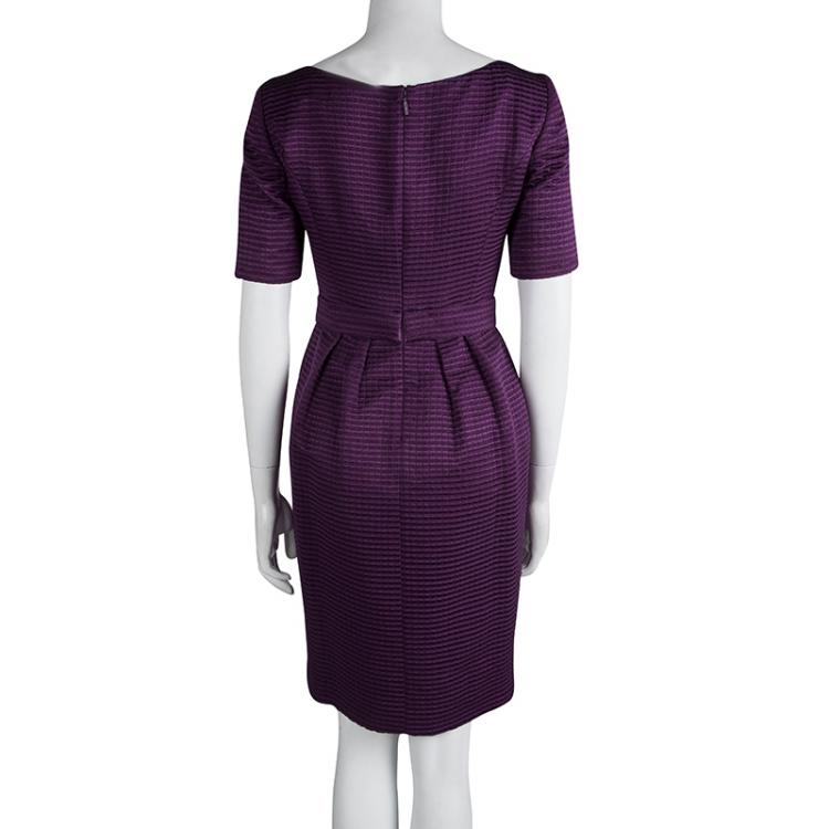 Pre Owned CH Carolina Herrera Purple Textured Buckle Detail Short Sleeve Dress S