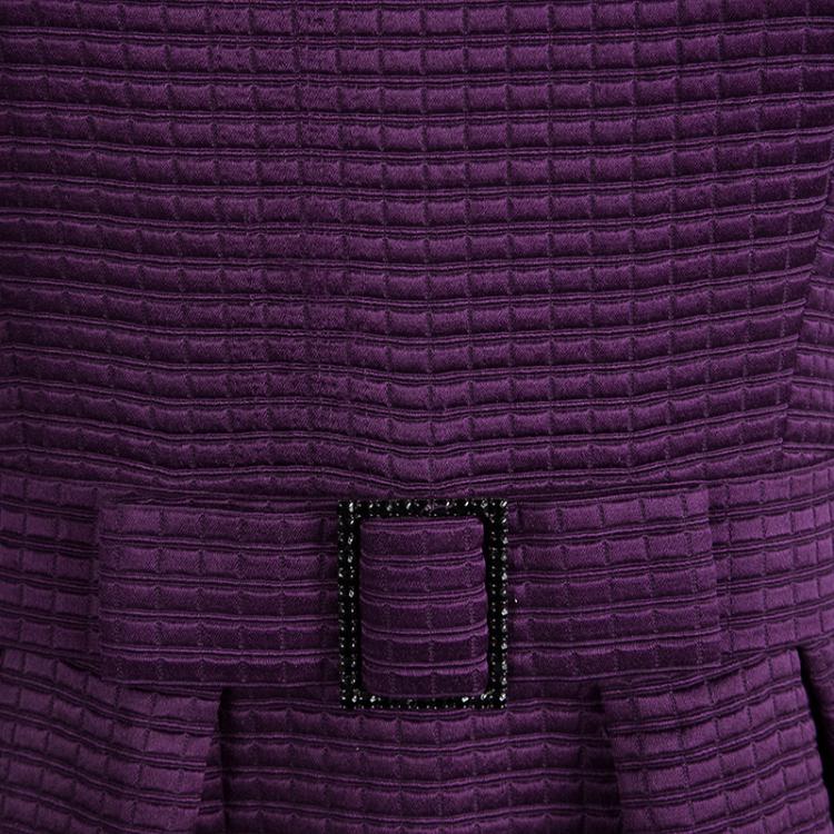 Pre Owned CH Carolina Herrera Purple Textured Buckle Detail Short Sleeve Dress S