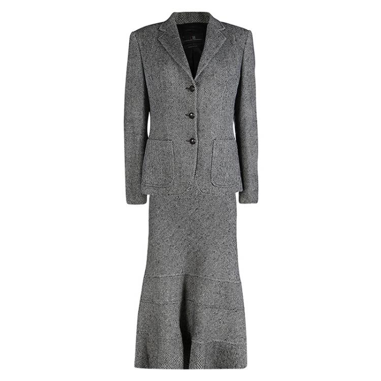 Pre Owned CH Carolina Herrera Monochrome Herringbone Skirt Suit L